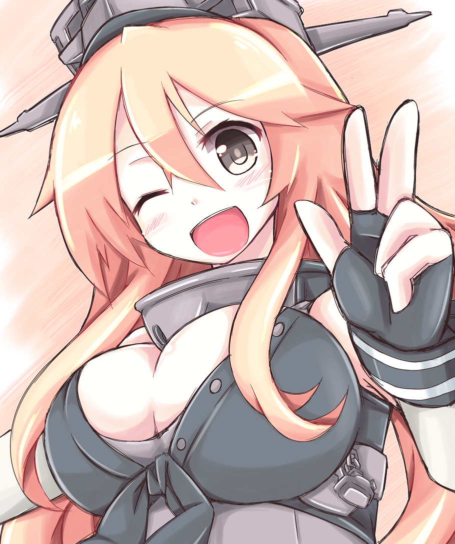 10s, 1girl, blonde_hair, breasts, cleavage, elbow_gloves, female_focus, fingerless_gloves