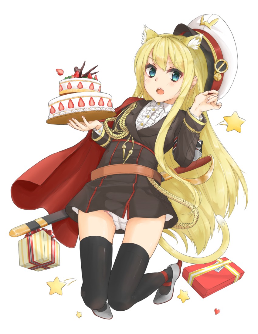 1girl, aiguillette, animal_ears, armband, awkward_pose, belt, birthday_cake, black_thighhighs