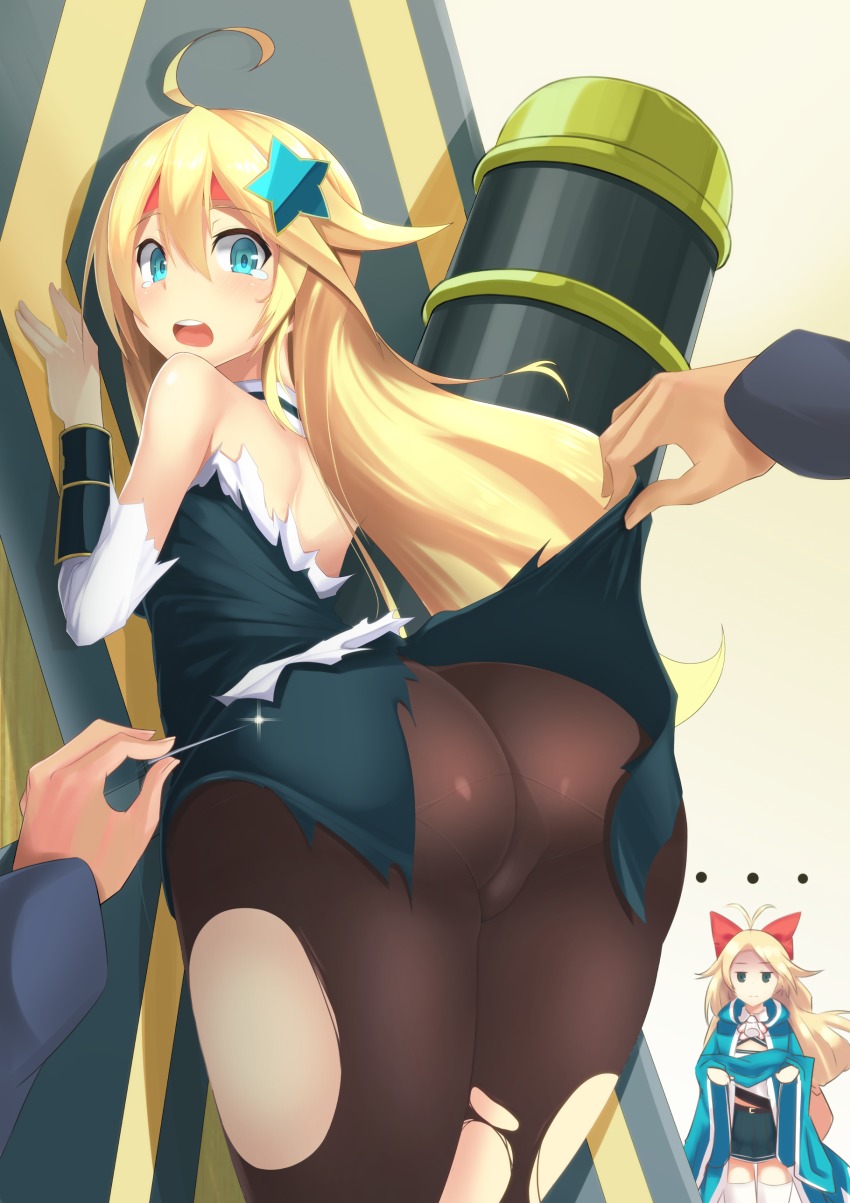 1boy, 2girls, absurdres, ahoge, antenna_hair, ass, back, bare_shoulders, blonde_hair, blue_eyes, commentary, crossed_arms, goryoukaku_(oshiro_project), hair_ornament, hair_ribbon, highres, holding, holding_needle, holding_unworn_clothes, jacket, long_hair, looking_at_viewer, looking_back, lord_(oshiro_project), multiple_girls, needle, oshiro_project:re, pantyhose, ribbon, shiryoukaku_(oshiro_project), star_(symbol), star_hair_ornament, supuraito, tears, torn_clothes, torn_legwear, very_long_hair