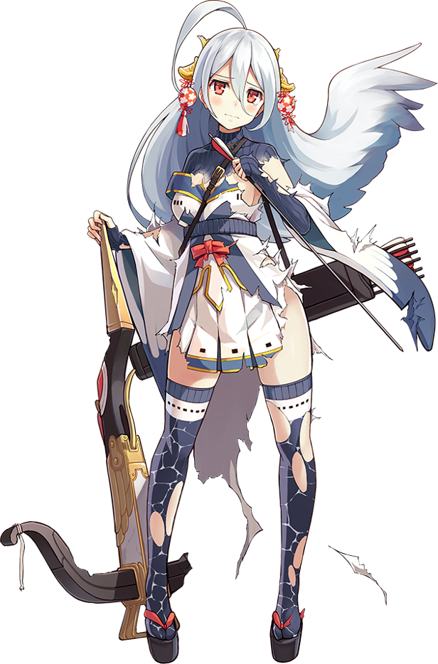 1girl, ahoge, arrow_(projectile), bare_shoulders, black_thighhighs, bow_(weapon), crossbow, female_focus, frown, full_body, holding, holding_arrow, holding_bow_(weapon), holding_crossbow, holding_weapon, kekemotsu, long_hair, oshiro_project:re, quiver, red_eyes, sandals, skirt, solo, tears, thighhighs, torn_clothes, torn_skirt, transparent_background, weapon, white_hair, yanagawa_(oshiro_project)