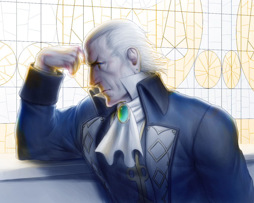 1boy, ace_attorney, algorithmus, ascot, backlighting, popped_collar, earrings, high_collar, jewelry, male_focus, manfred_von_karma, old, old_man, solo, stud_earrings, upper_body, white_hair