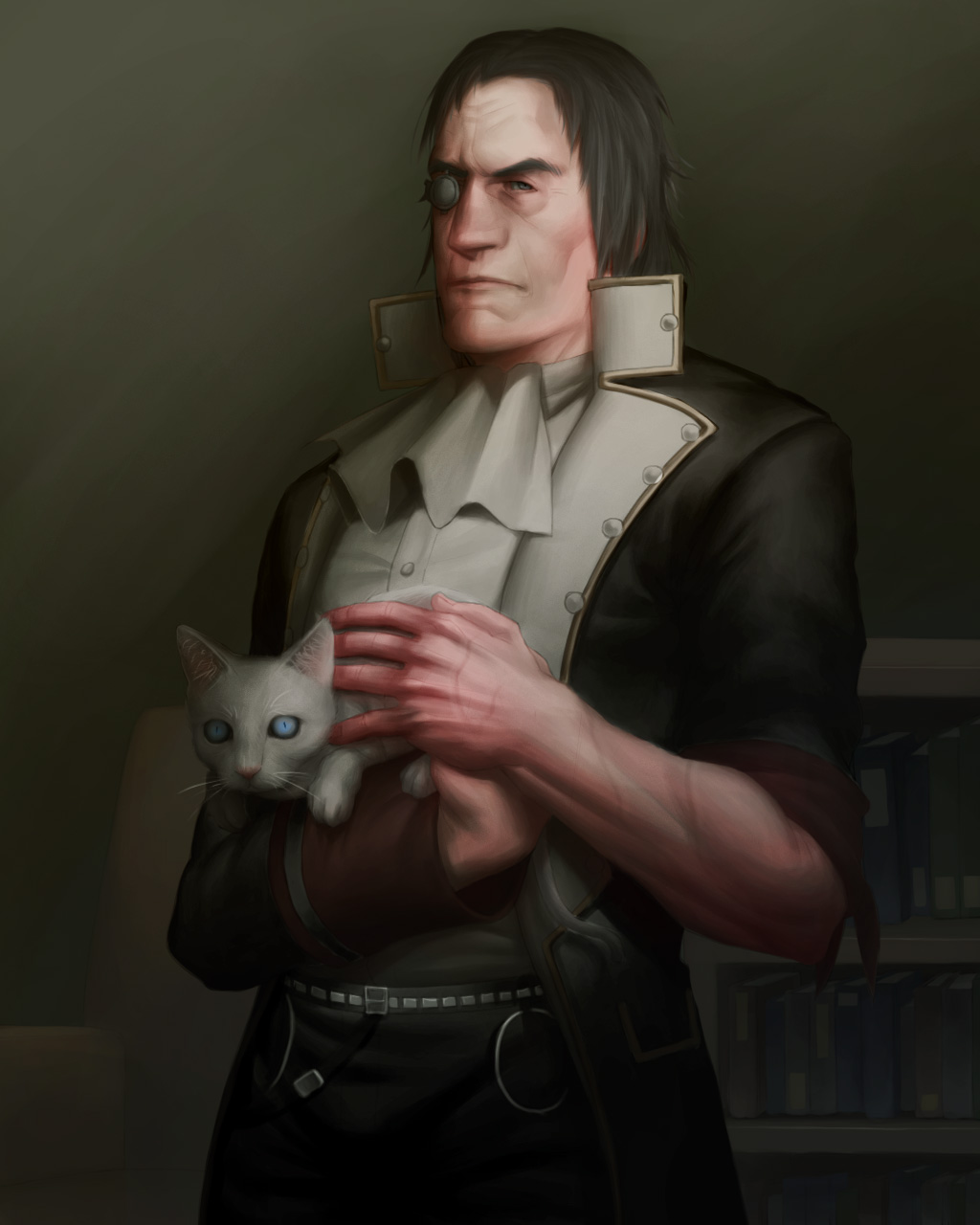 1boy, algorithmus, animal, ascot, black_hair, black_pants, blue_eyes, book, cat, cheekbones, popped_collar, dark, forehead, grey_eyes, headpat, high_collar, highres, holding, holding_animal, holding_cat, indoors, kyokugen_dasshutsu, kyokugen_dasshutsu_adv:_zennin_shibou_desu, looking_at_viewer, male_focus, aged_up, pants, sigma_(kyokugen_dasshutsu), solo, spoilers, standing, veins, veiny_hands, white_ascot, white_cat