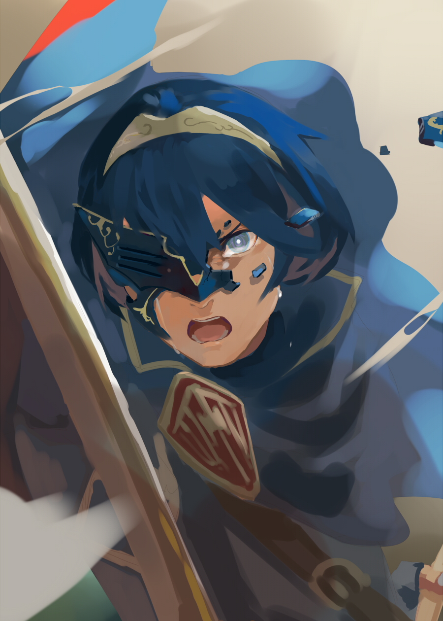 1girl, avvo_(ekireikirei), blue_eyes, blue_hair, falchion_(fire_emblem), female_focus, fingerless_gloves, fire_emblem, fire_emblem_awakening, gloves, highres, lucina_(fire_emblem), marth_(fire_emblem_awakening), mask, nintendo, open_mouth, reverse_trap, short_hair, solo, sword, tiara, weapon