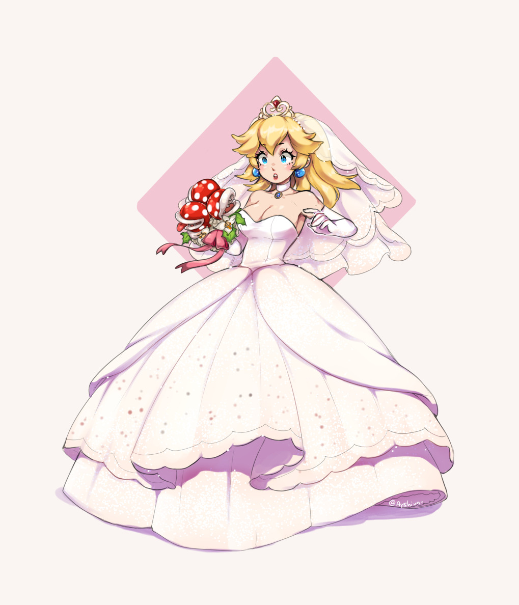 1girl, ayshiun, blonde_hair, blue_eyes, bouquet, breasts, bridal_veil, choker, cleavage, dress, earrings, elbow_gloves, female_focus, flower, gloves, jewelry, mario_(series), nintendo, piranha_plant, princess_peach, solo, super_mario_odyssey, tiara, veil, wedding_dress, white_dress