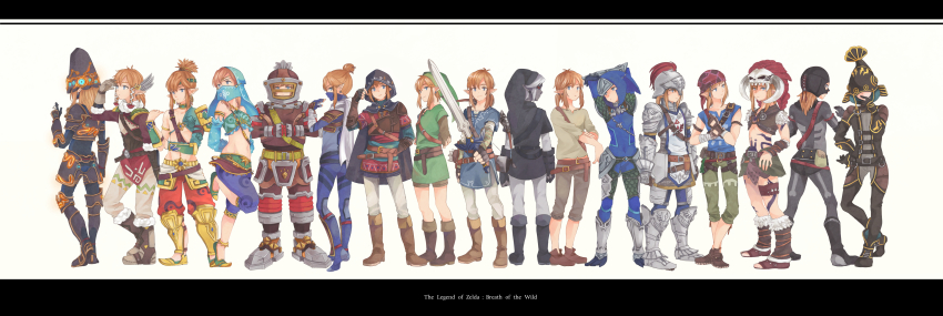 6+boys, absurdres, aco_co0, alternate_costume, ancient_set_(zelda), armor, bandana, barbarian_set_(zelda), bodysuit, boots, brown_hair, climbing_set_(zelda), copyright_name, crossdressing, crossdressing_(mtf), dark_link, desert_voe_set_(zelda), fake_horns, flamebreaker_set_(zelda), gerudo_set_(zelda), hair_ornament, headband, headdress, helmet, highres, horned_headwear, horns, hylian_set_(zelda), letterboxed, link, male_focus, mask, midriff, multiple_boys, multiple_persona, navel, nintendo, pointy_ears, radiant_set_(zelda), rubber_set_(zelda), scarf, side-by-side, snowquill_set_(zelda), soldier's_set_(zelda), stealth_set_(zelda), sword, tattoo, the_legend_of_zelda, the_legend_of_zelda:_breath_of_the_wild, trap, veil, weapon, zora_set_(zelda)