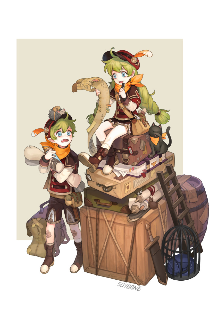 absurdres, ahoge, alto_(npc), alush, animal, animal_on_head, artist_name, backpack