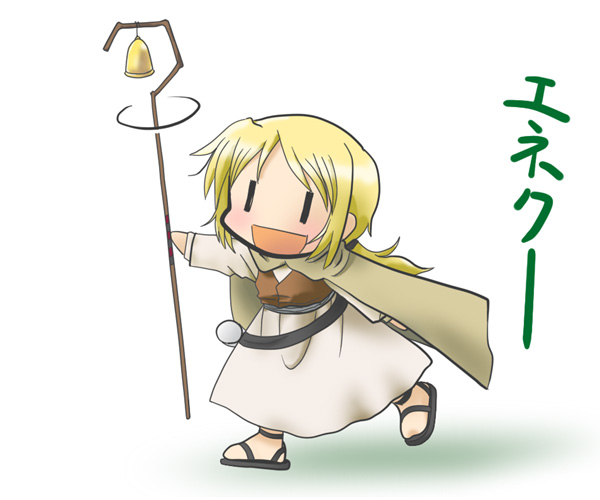 1girl, bell, blonde_hair, cloak, cosplay, dress, female_focus, full_body, gradient_background, hidamari_sketch, miyako_(hidamari_sketch), nora_arento, nora_arento_(cosplay), parody, sandals, shepherd, shepherd's_crook, solo, spice_and_wolf, staff, totoka, translated, wide_face