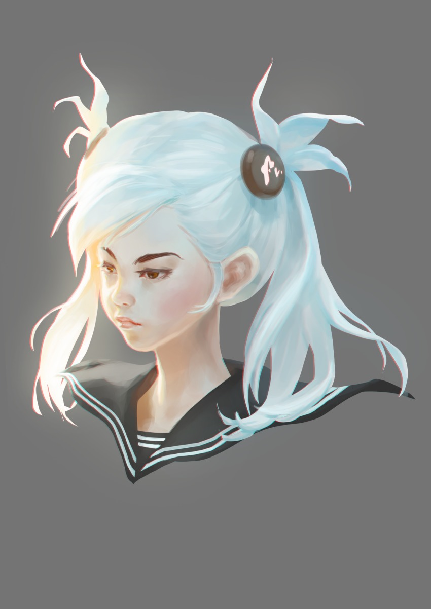 1girl, black_sailor_collar, blue_hair, brown_eyes, closed_mouth, female_focus, grey_background, hair_ornament