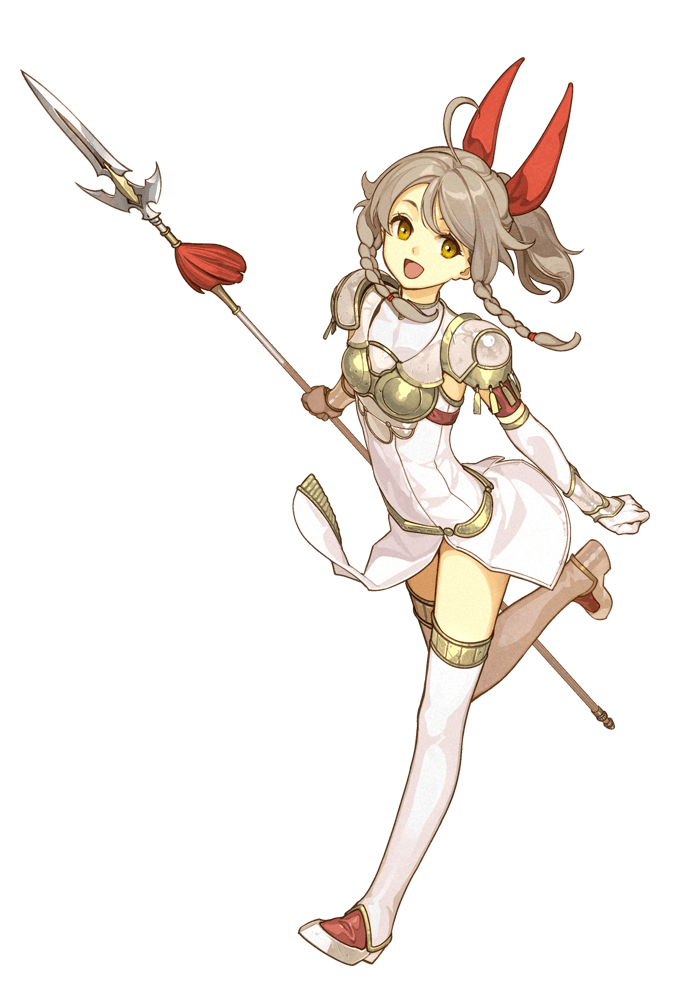 1girl, armor, boots, bow, braid, breastplate, brown_hair, emma_(fire_emblem), female_focus, fire_emblem, fire_emblem_cipher, fire_emblem_echoes:_shadows_of_valentia, full_body, gloves, hidari_(left_side), long_hair, nintendo, official_art, open_mouth, polearm, ponytail, solo, spear, thighhighs, transparent_background, twin_braids, weapon