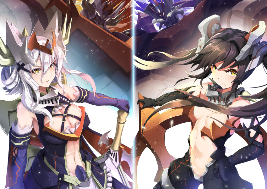 2girls, absurdres, drag-on_dragoon, highres, mazinger_(series), mazinger_z_(mecha), mecha, multiple_girls