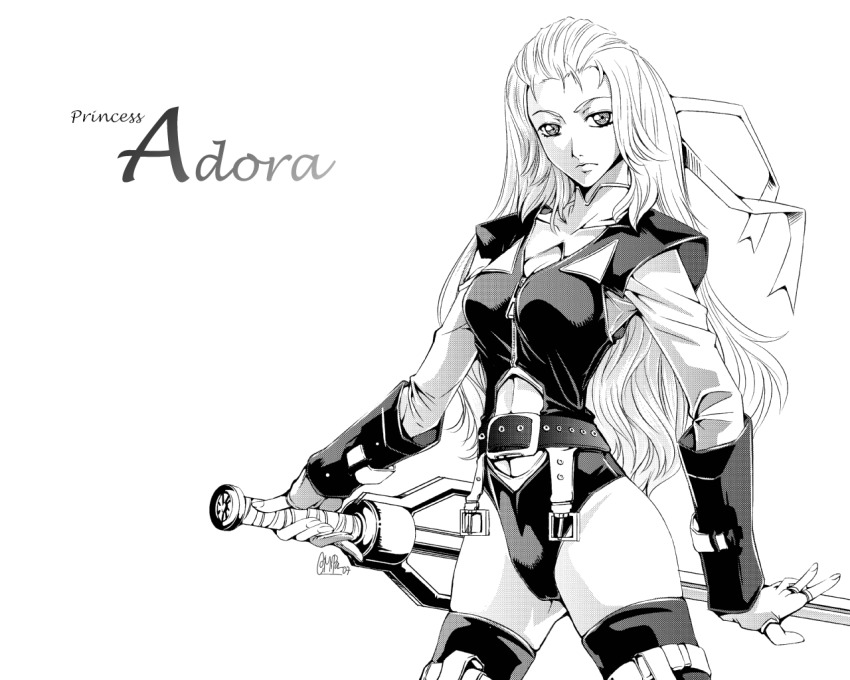1girl, adora_(she-ra), adora_(she-ra)_(princess_of_power), animification, belt, breasts, character_name, comipa, female_focus, fingerless_gloves, gloves, greyscale, leotard, long_hair, masters_of_the_universe, monochrome, paolo_antonio_aguasin, ribbon, she-ra_princess_of_power, solo, sword, thighhighs, weapon