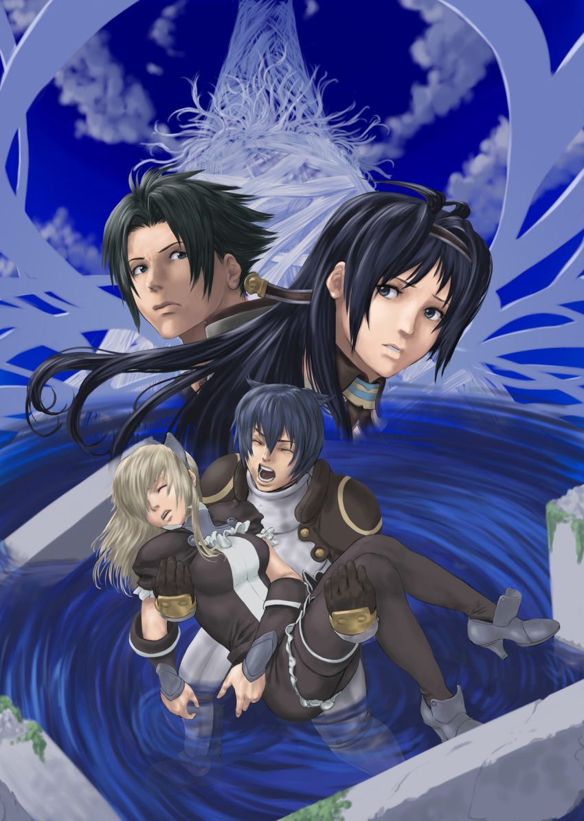 2boys, 2girls, bad_id, carrying, druaga_no_tou, fatina, highres, jil, kaaya, multiple_boys, multiple_girls, neeba_(druaga), pantyhose, princess_carry, ryu_(gaquarium), shouting, thighhighs