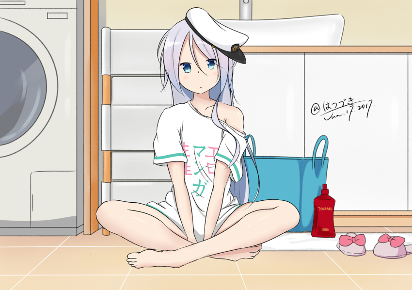 1girl, adrenaline!!!, artist_name, barefoot, between_legs, blue_eyes, blush, closed_mouth