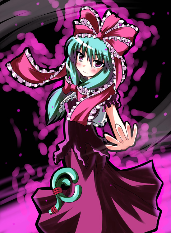 1girl, aqua_hair, dress, female_focus, front_ponytail, kagiyama_hina, pink_eyes, purple_theme, ribbon, sazetsu, solo, touhou