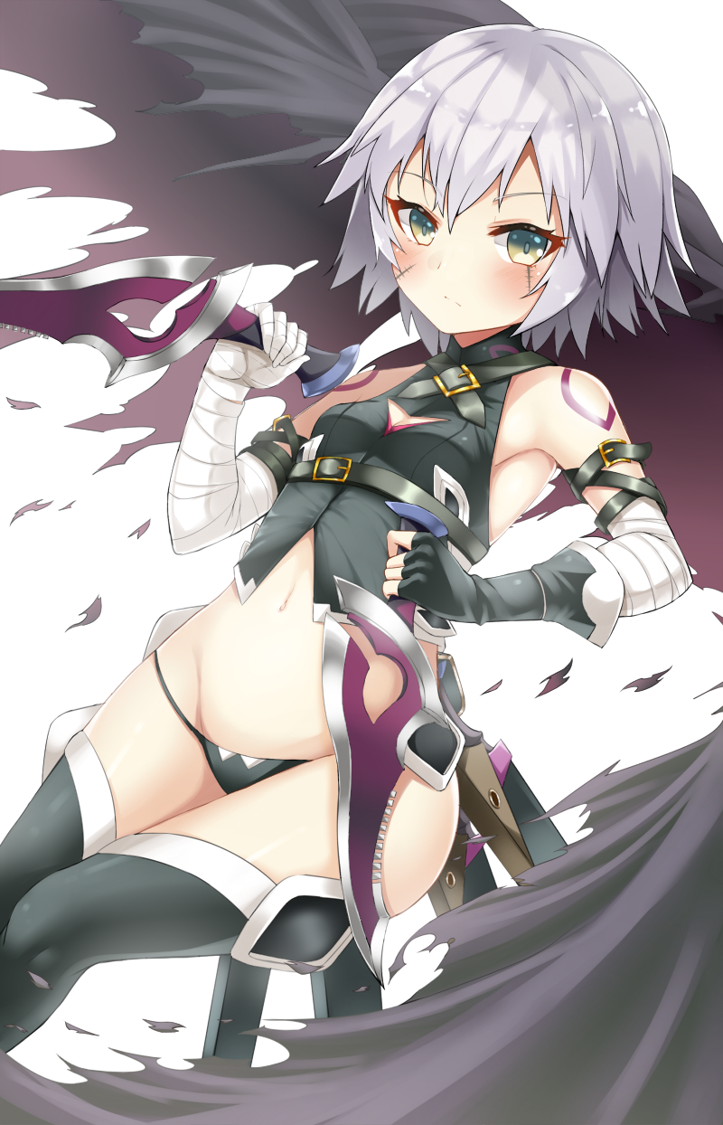 1girl, arm_belt, armpits, bandaged_arm, bandaged_hand, bandages, bare_shoulders, belt, black_gloves, black_panties, black_thighhighs, blush, breasts, buckle, cape, cleavage, closed_mouth, dagger, dual_wielding, dutch_angle, expressionless, facial_scar, fate/apocrypha, fate_(series), female_focus, fingerless_gloves, gloves, green_eyes, groin, hair_between_eyes, halterneck, hand_up, highres, holding, holding_weapon, jack_the_ripper_(fate/apocrypha), knife, legs_together, looking_at_viewer, lowleg, lowleg_panties, navel, panties, revision, scar, scar_on_cheek, scar_on_face, shimo_(shimo_00), short_hair, silver_hair, simple_background, single_glove, small_breasts, solo, stomach, thighhighs, torn_cape, torn_clothes, underwear, weapon, white_background