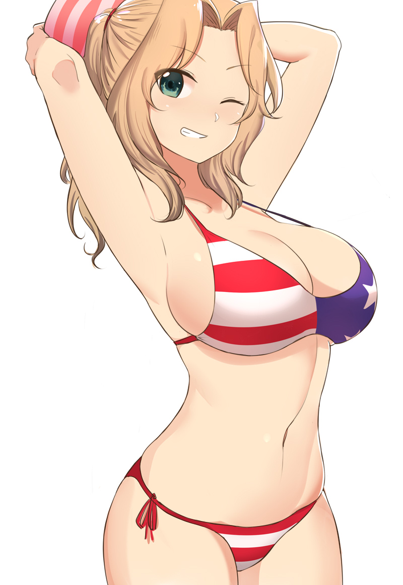 10s, 1girl, american_flag, american_flag_bikini, american_flag_print, armpits, arms_up, bikini, breasts, cleavage, cowboy_shot, female_focus, flag_print, flag_print_bikini, girls_und_panzer, green_eyes, grin, hat, kay_(girls_und_panzer), large_breasts, light_brown_hair, looking_at_viewer, medium_hair, mismatched_bikini, navel, one_eye_closed, parted_bangs, print_bikini, side-tie_bikini_bottom, simple_background, smile, solo, strap_gap, swimsuit, uto_ki_te, white_background