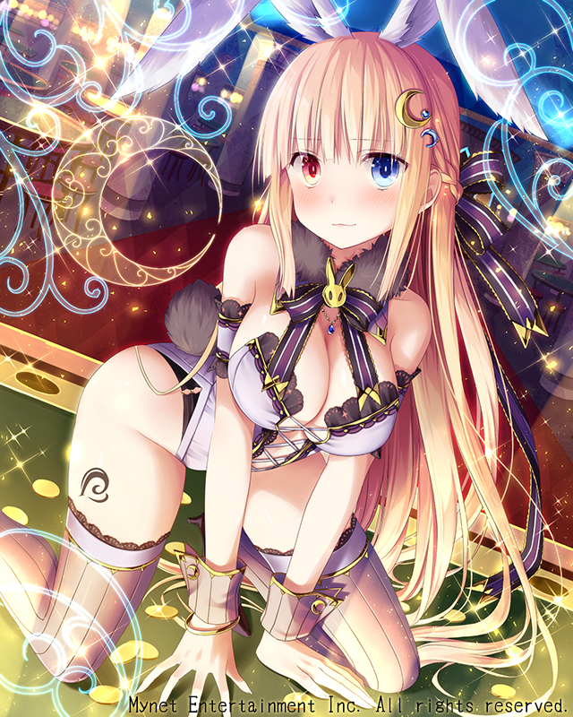 1girl, animal_ears, armpits, blonde_hair, blue_eyes, blush, breasts, cleavage