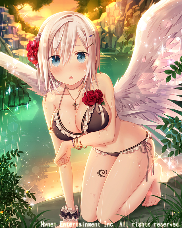 1girl, angel_wings, bikini, black_bikini, blue_eyes, blush, bracelet, breasts