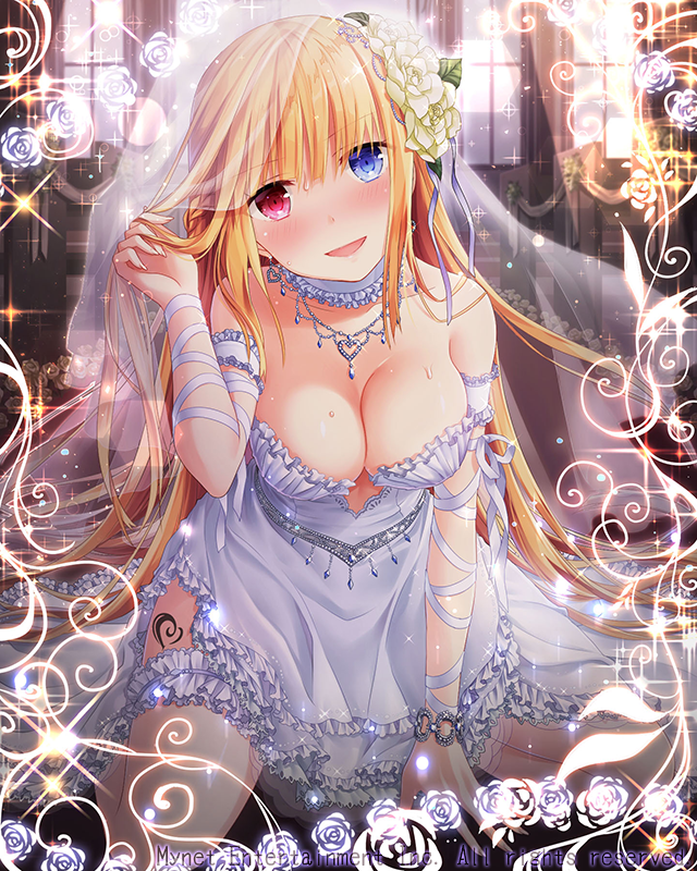 1girl, blonde_hair, blue_eyes, blush, bracelet, breasts, bridal_veil, bride