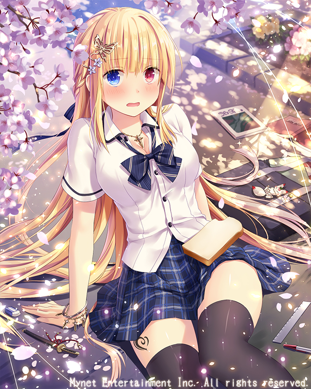 1girl, bag, black_thighhighs, blonde_hair, blue_bow, blue_bowtie, blue_eyes, blue_skirt