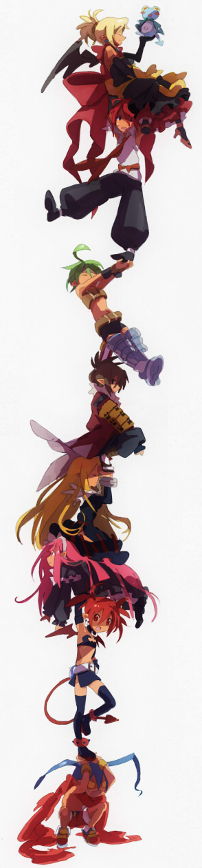 3boys, 5girls, adell_(disgaea), bad_id, bad_pixiv_id, belt_bra, black_pants, blonde_hair