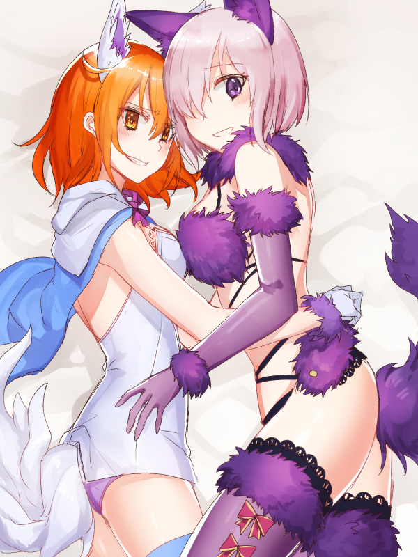 2girls, animal_ears, black_legwear, blue_legwear, blush, breasts, cosplay, dress