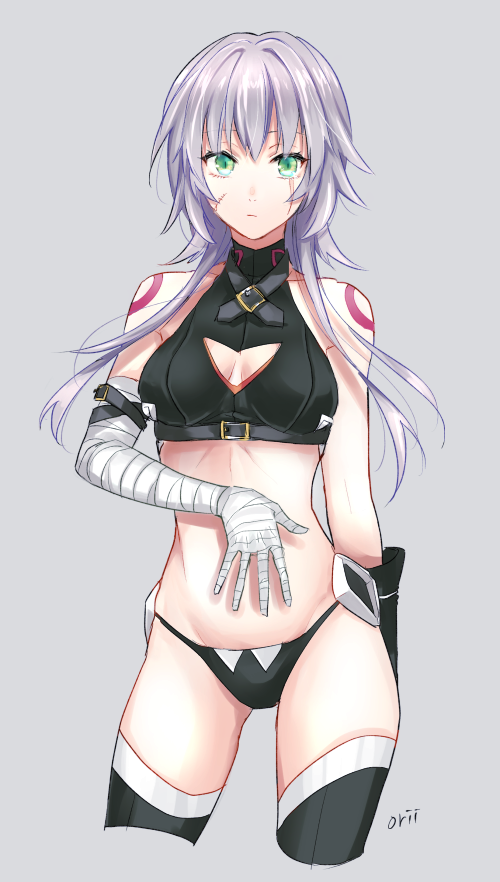 1girl, aged_up, alternate_hair_length, alternate_hairstyle, bandages, bare_shoulders, black_panties, black_thighhighs