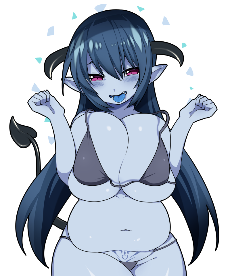 1girl, belly, bikini, black_bikini, black_hair, blue_skin, blue_tongue, breasts