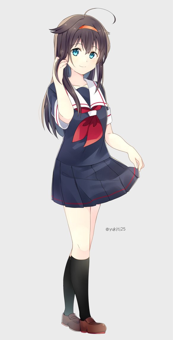 1girl, ahoge, alternate_hairstyle, black_hair, black_serafuku, blue_eyes, brown_hair, cosplay