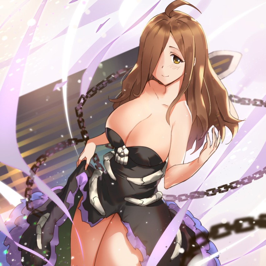 1girl, ahoge, breasts, brown_hair, chain, cleavage, cosplay, etrian_odyssey, female_focus, hair_over_one_eye, highres, kono_subarashii_sekai_ni_shukufuku_wo!, large_breasts, long_hair, necromancer_(sekaiju), necromancer_4_(sekaiju), sekaiju_no_meikyuu, sekaiju_no_meikyuu_5, sendo_(sendrawz), smile, solo, wiz_(konosuba)