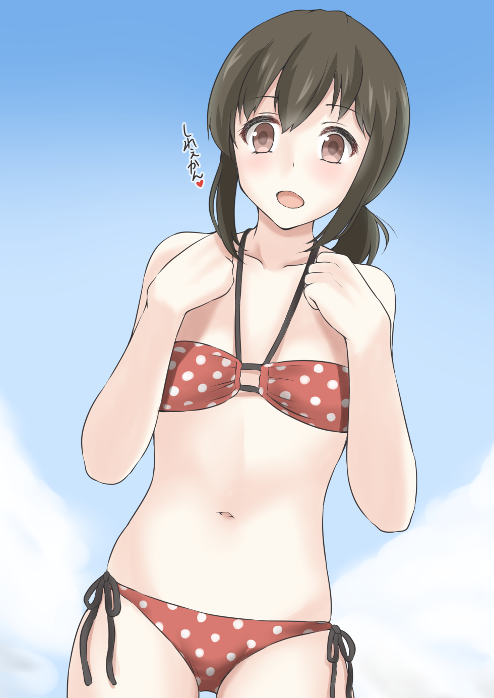 10s, 1girl, bikini, black_hair, brown_eyes, cowboy_shot, dutch_angle, female_focus