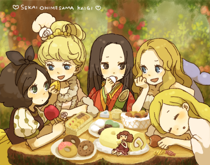 5girls, andersen's_fairy_tales, apple, bamboo, black_hair, blonde_hair, blue_eyes, bow