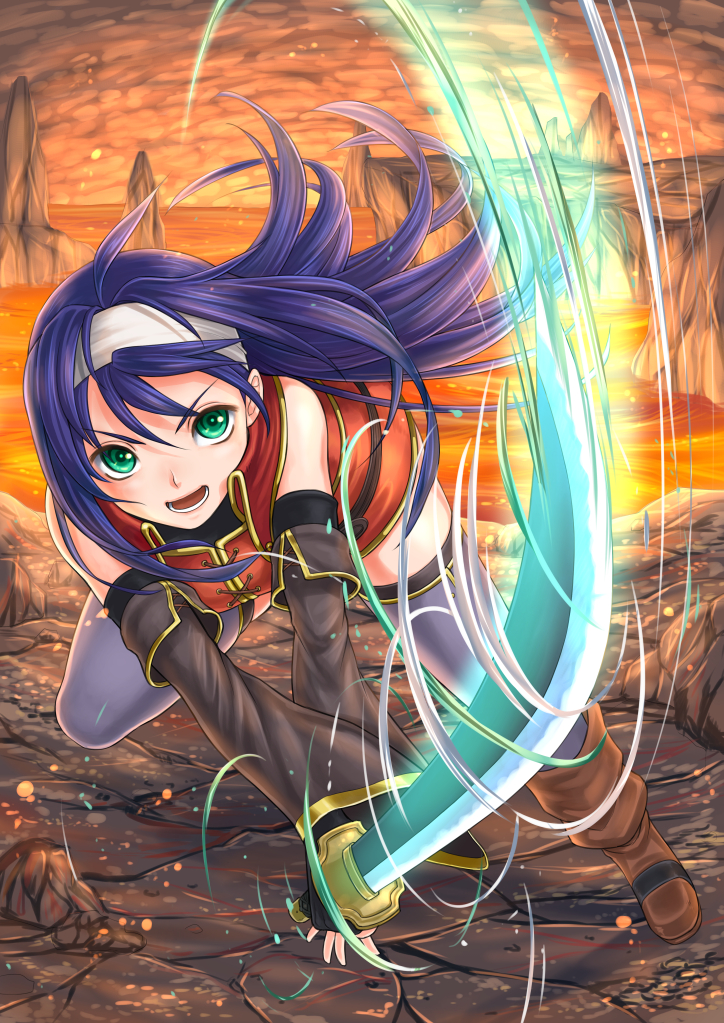 1girl, arm_warmers, bare_shoulders, blue_hair, boots, female_focus, fire_emblem, fire_emblem:_path_of_radiance