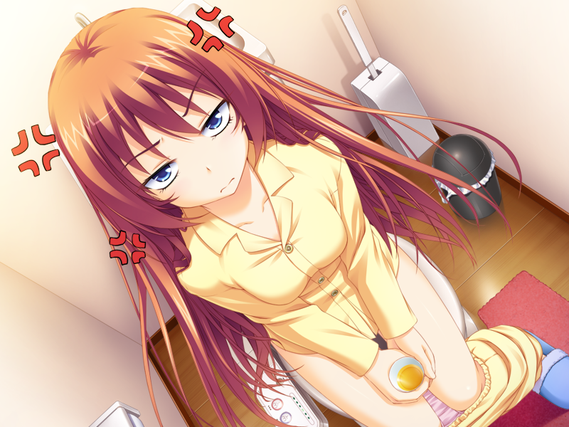 1girl, anger_vein, annoyed, blue_eyes, blue_slippers, breasts, convenient_censoring, cup