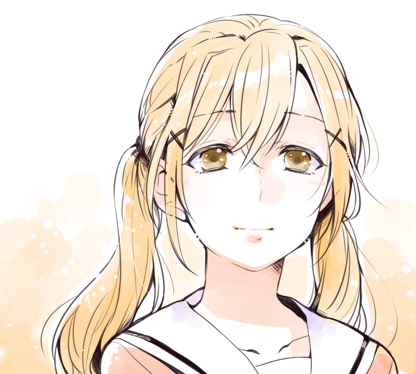 10s, 1girl, bang_dream!, bang_dream!_girls_band_party!, blonde_hair, female_focus, hair_between_eyes, hair_ornament, highres, ichigaya_arisa, kitamura_touru, portrait, simple_background, smile, solo, twintails, x_hair_ornament, yellow_eyes