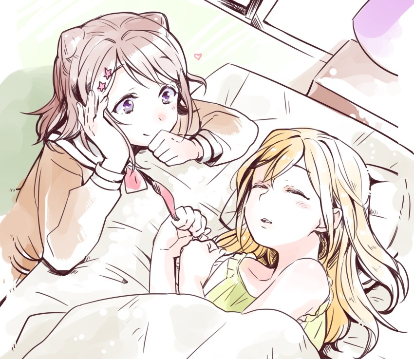 10s, 2girls, bang_dream!, bang_dream!_girls_band_party!, bed, bed_sheet, blonde_hair, brown_hair, closed_eyes, cone_hair_bun, hair_bun, hair_ornament, heart, highres, ichigaya_arisa, kitamura_touru, messy_hair, multiple_girls, open_mouth, purple_eyes, school_uniform, sleeping, smile, star_(symbol), toyama_kasumi, watching