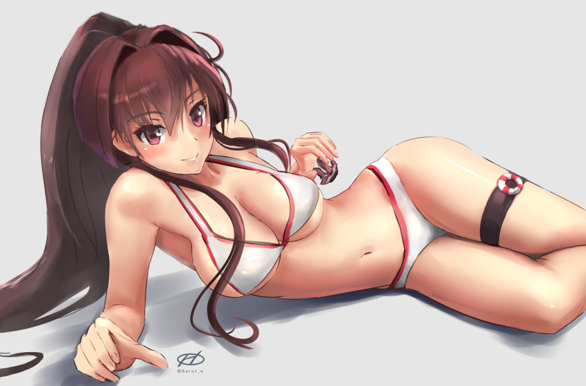 10s, 1girl, alternate_costume, bikini, breasts, brown_hair, cleavage, female_focus