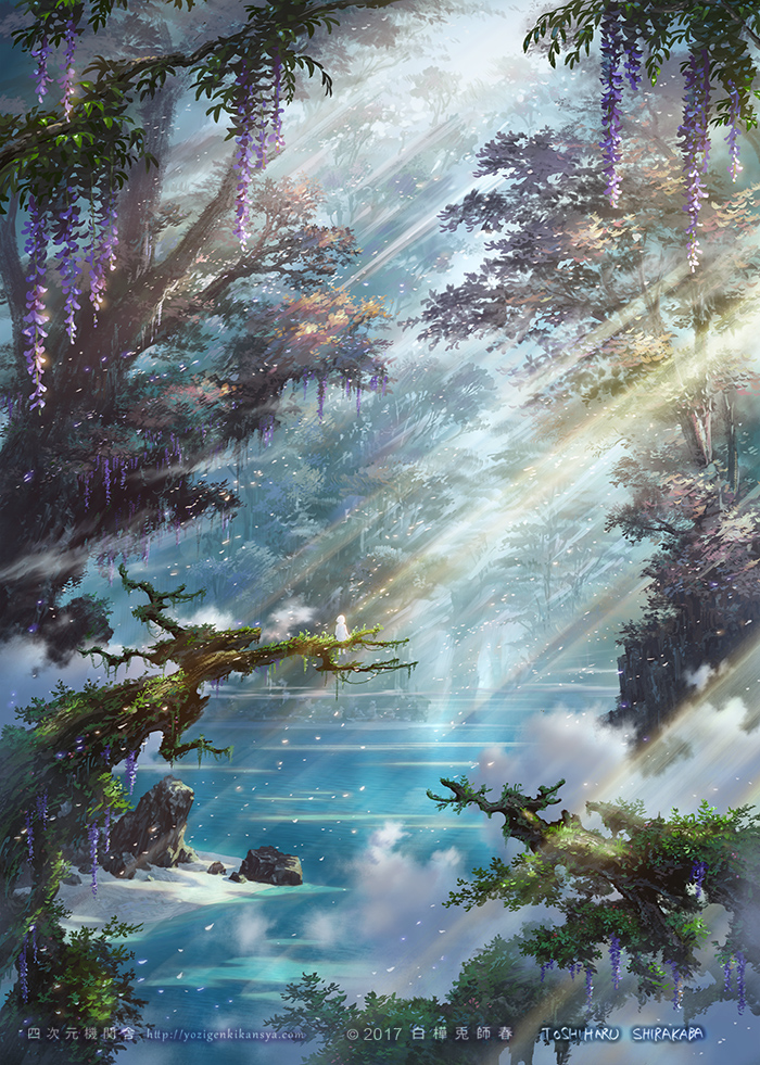 1girl, artist_name, facing_away, fantasy, female_focus, from_behind, light_rays, looking_away