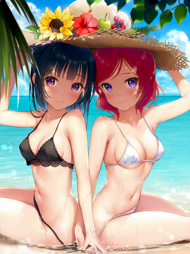 10s, 2girls, arm_up, armpit_peek, beach, bikini, black_bikini, blue_hair, blunt_bangs, blush, breasts, cleavage, closed_mouth, day, flower, from_side, hand_on_headwear, hat, hat_flower, holding_hands, in-franchise_crossover, lace, lace-trimmed_bikini, lace_trim, long_hair, looking_at_viewer, love_live!, love_live!_school_idol_project, love_live!_sunshine!!, medium_hair, mignon, multiple_girls, navel, nishikino_maki, outdoors, partially_submerged, purple_eyes, red_hair, shared_hat, short_hair, side-tie_bikini_bottom, sitting, small_breasts, smile, straw_hat, sun_hat, swimsuit, tsushima_yoshiko, untied_bikini, wet, white_bikini