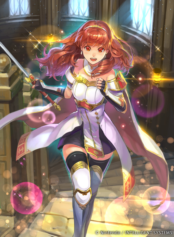 1girl, armor, bare_shoulders, cape, celica_(fire_emblem), dress, female_focus, fingerless_gloves