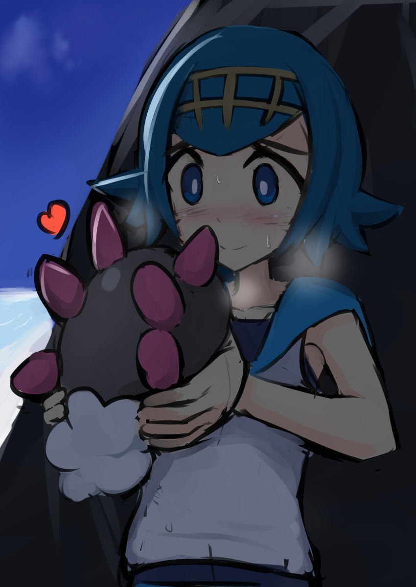 absurdres, blue_eyes, blue_hair, blush, dai0, gen_7_pokemon, giving_birth, heart