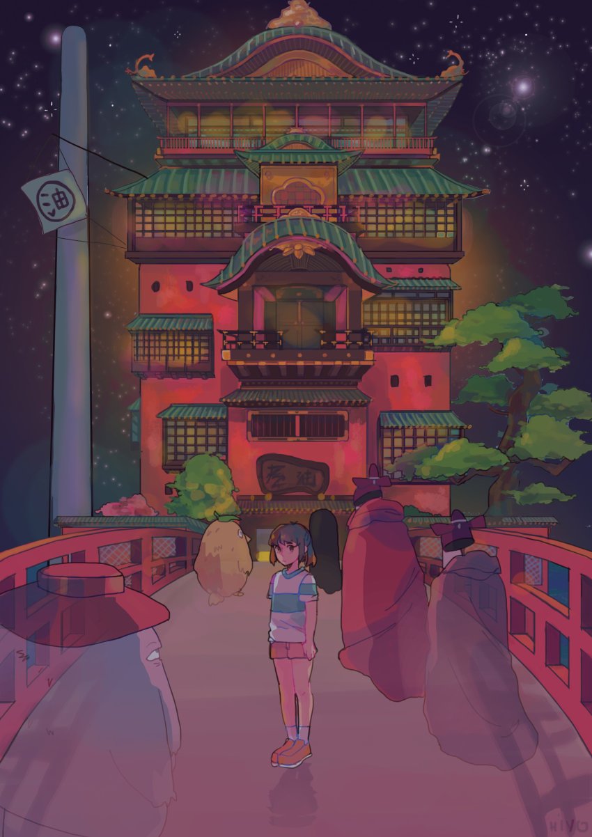 1girl, absurdres, blush, bridge, brown_eyes, brown_hair, chimney, highres