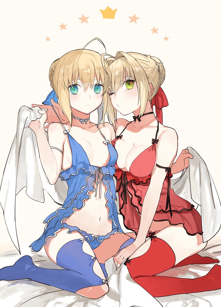 10s, 2girls, ahoge, armlet, artoria_pendragon_(fate), babydoll, bare_shoulders, bed_sheet, black_ribbon, blonde_hair, blue_eyes, blue_panties, blue_thighhighs, bow, bow_panties, breasts, buun_ko, cleavage, closed_mouth, collarbone, fate/extra, fate/stay_night, fate_(series), frilled_panties, frills, full_body, green_eyes, hair_intakes, head_tilt, holding, jewelry, looking_at_viewer, medium_breasts, multiple_girls, navel, nero_claudius_(fate), nero_claudius_(fate)_(all), nero_claudius_(fate/extra), o3o, official_alternate_costume, one_eye_closed, panties, pulling_own_clothes, red_legwear, ribbon, saber_(fate), short_hair, simple_background, sitting, small_breasts, stomach, strap_pull, thighhighs, underwear, wariza, white_background, white_bow