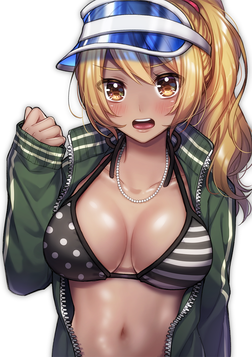 1girl, bikini, blonde_hair, blush, breasts, cleavage, collarbone, dark-skinned_female