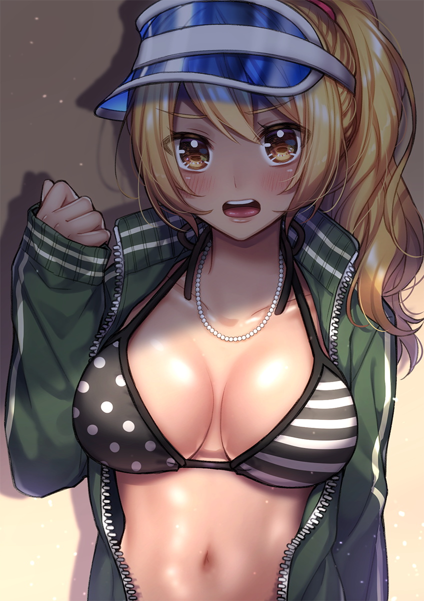 1girl, bikini, blonde_hair, blush, breasts, cleavage, collarbone, dark-skinned_female