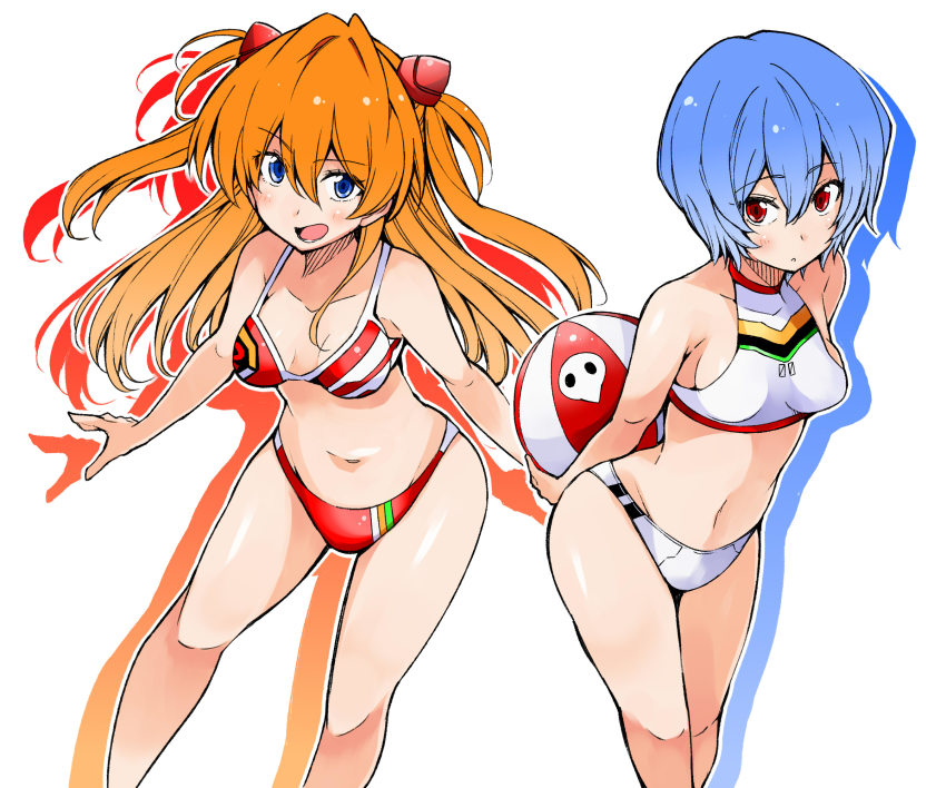 2girls, adapted_costume, ayanami_rei, ball, beachball, bibi02, bikini, blue_eyes