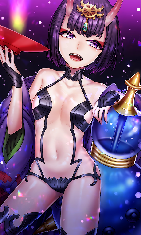 1girl, black_gloves, blush, breasts, cleavage, collarbone, fangs, fate/grand_order