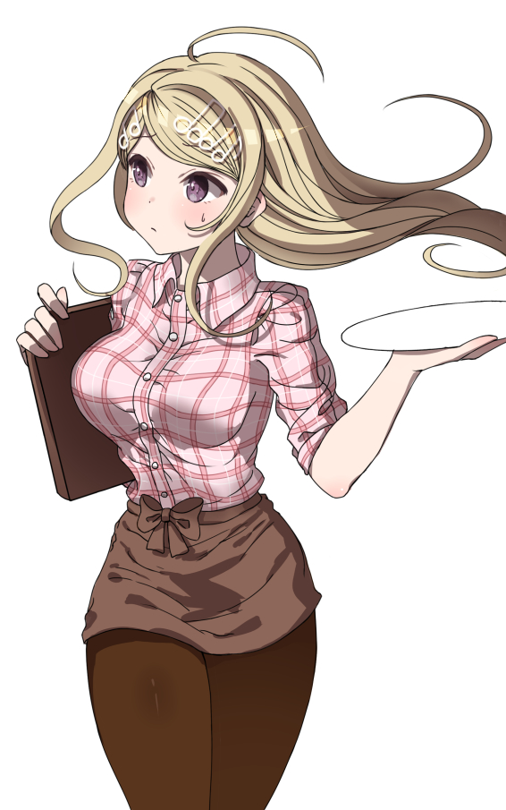 1girl, akamatsu_kaede, blonde_hair, blush, breasts, danganronpa_(series), danganronpa_v3:_killing_harmony, female_focus, large_breasts, long_hair, pantyhose, pink_eyes, plate, polo, skirt, solo, waitress