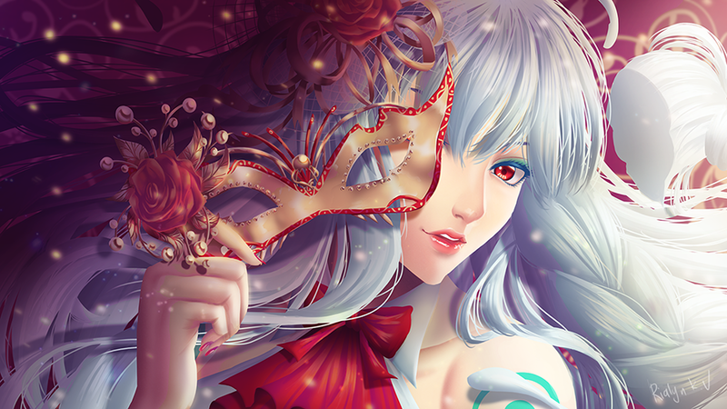 1girl, artist_name, ascot, braid, colored_eyelashes, dress, eyelashes, female_focus, flower, hair_flower, hair_ornament, holding, holding_mask, light_smile, long_hair, lumi_(vocaloid), mask, mask_over_one_eye, nail_polish, parted_lips, portrait, realistic, red_ascot, red_eyes, red_flower, red_nails, red_rose, removing_mask, rialynkv, rose, shoulder_tattoo, side_braid, signature, silver_hair, single_braid, sleeveless, sleeveless_dress, solo, tattoo, teeth, vocaloid, white_dress