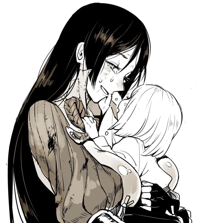 1boy, 1girl, aged_down, bad_id, bad_twitter_id, blood, blood_on_clothes, bodysuit